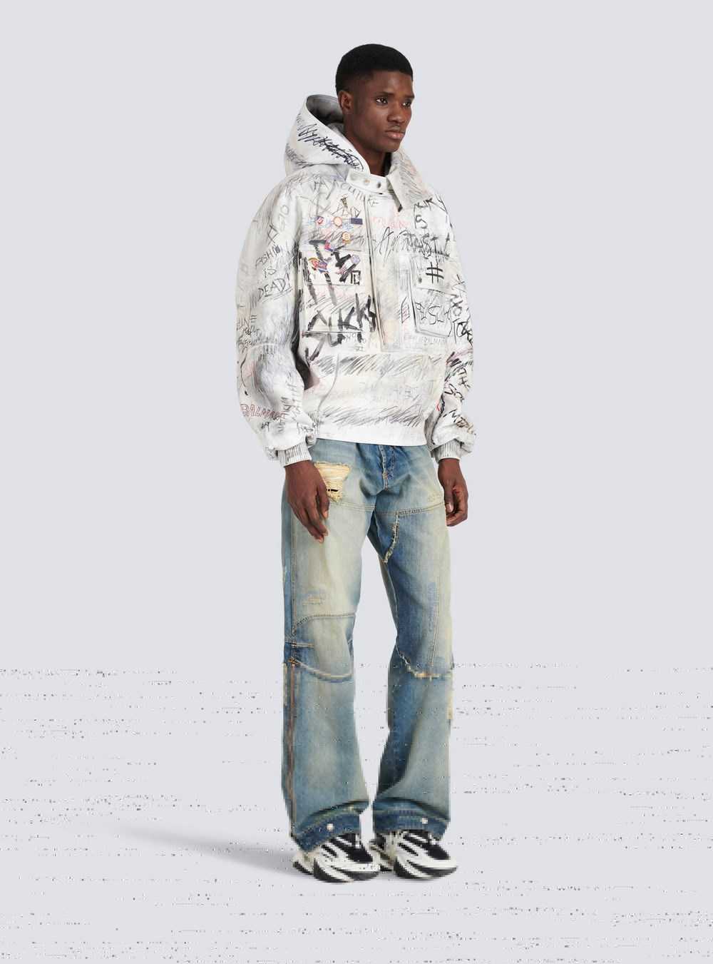 Balmain Leather Graffiti Aviator Jacket White | LAVOTBF-28