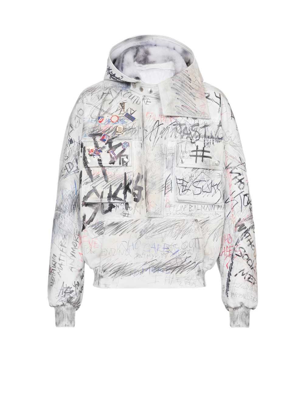 Balmain Leather Graffiti Aviator Jacket White | LAVOTBF-28