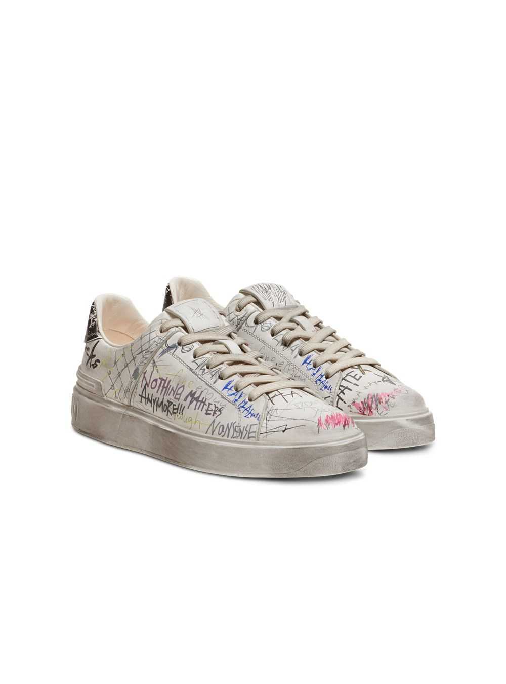 Balmain Leather Graffiti Print B-court Sneakers White | BZNQACS-71