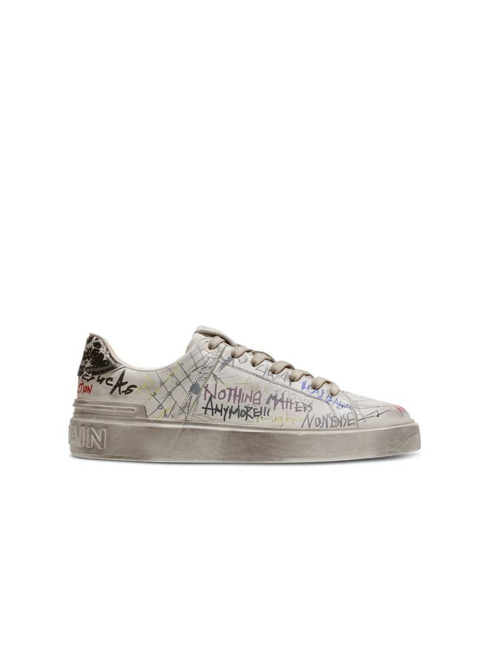 Balmain Leather Graffiti Print B-court Sneakers White | DZYNMPU-49