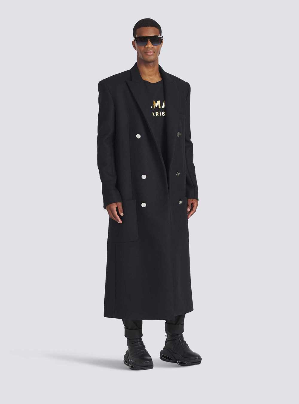 Balmain Long Asymmetrical Wool Coat Black | WVHRIDN-80