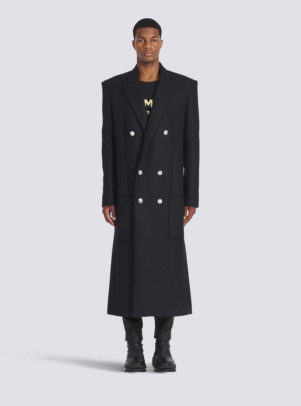 Balmain Long Asymmetrical Wool Coat Black | WVHRIDN-80