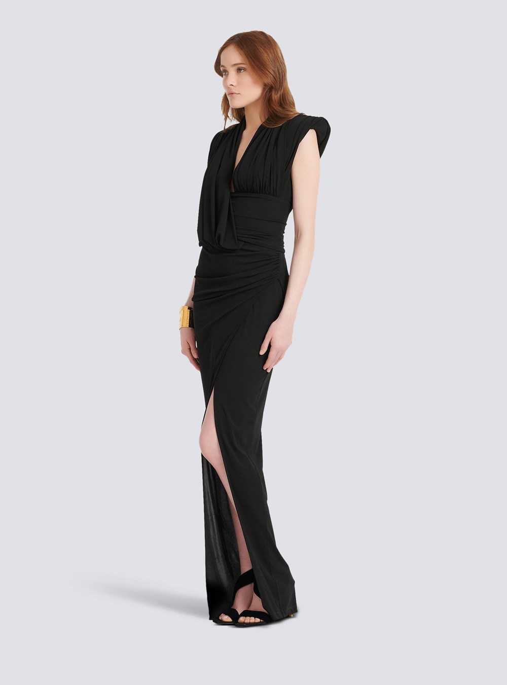 Balmain Long Draped Jersey Dress Black | SANULGF-02