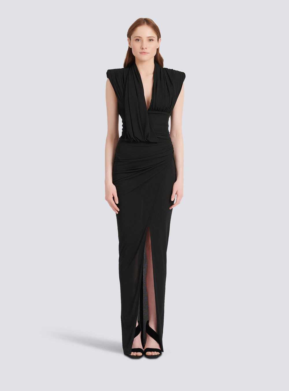 Balmain Long Draped Jersey Dress Black | SANULGF-02