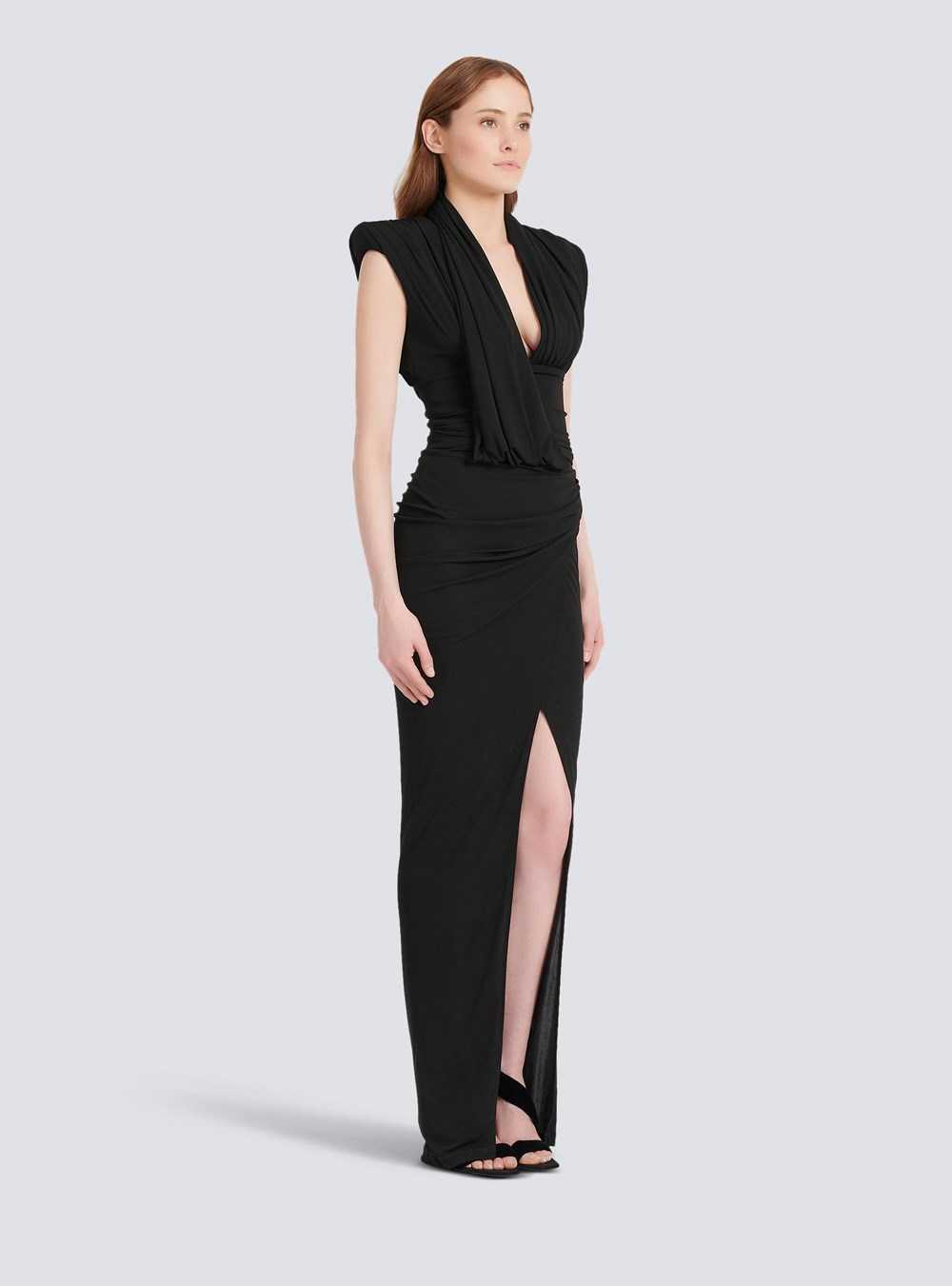 Balmain Long Draped Jersey Dress Black | SANULGF-02