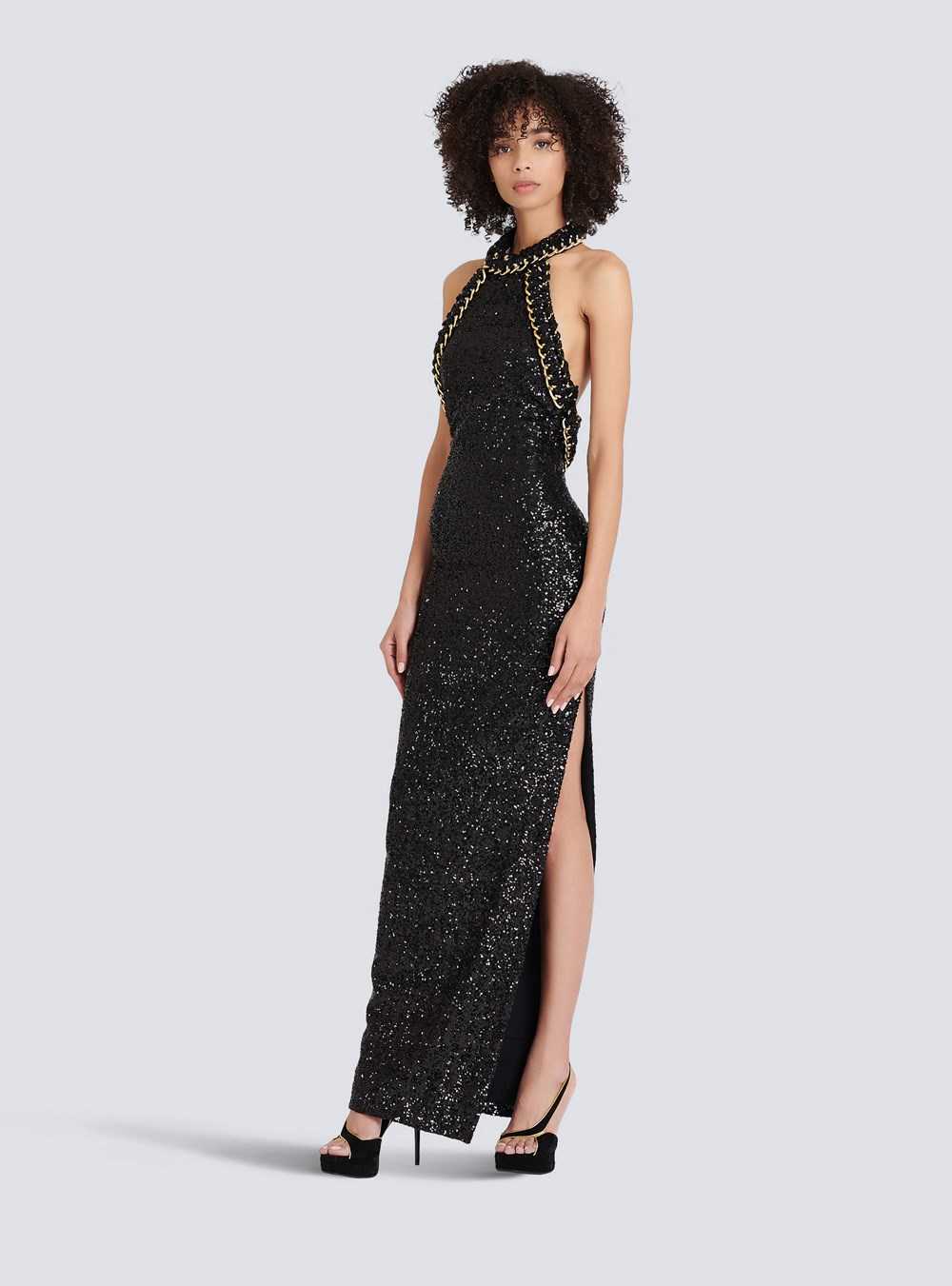 Balmain Long Sequined Embroidered Dress Black | JHYWFOL-98