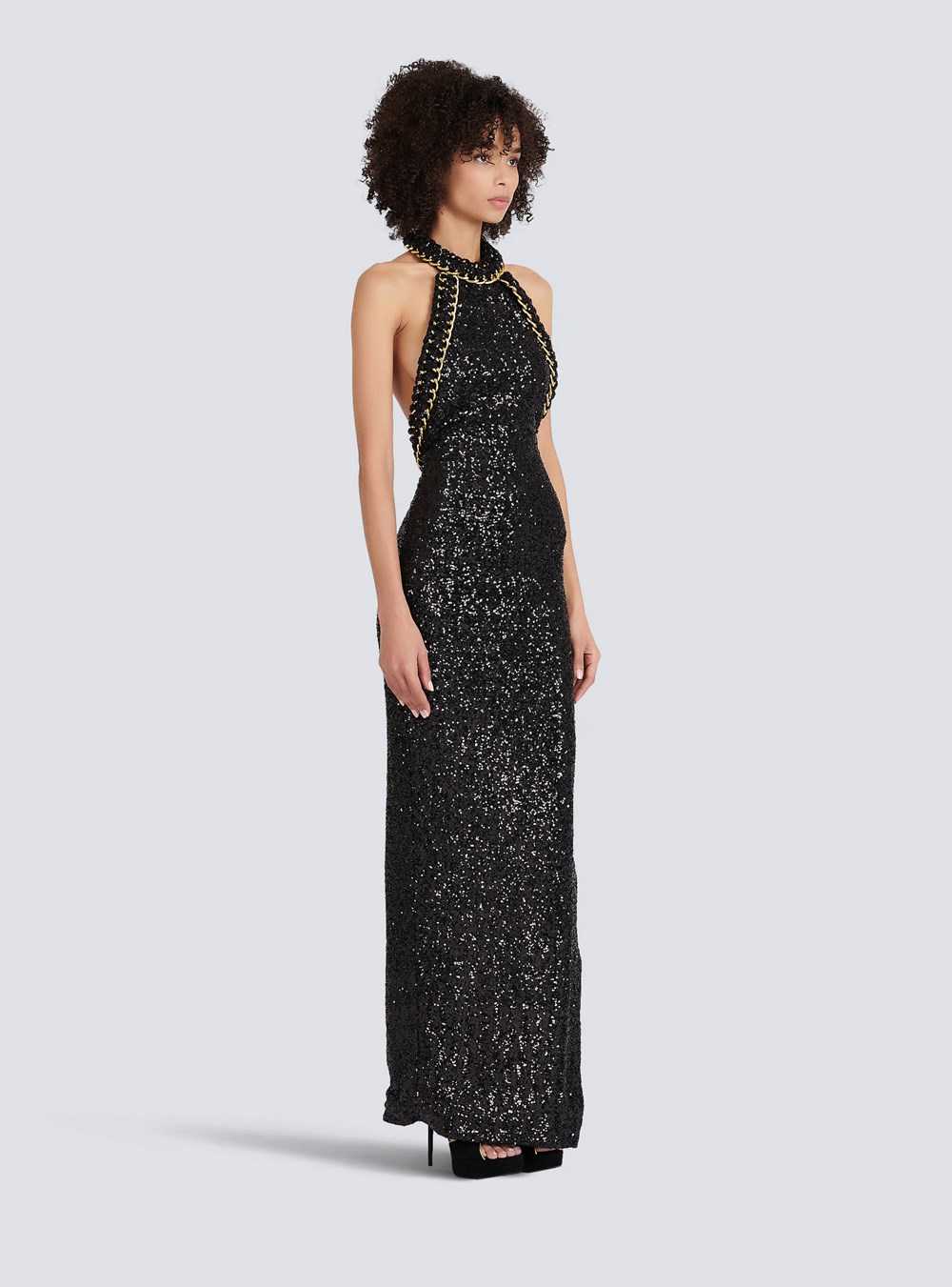 Balmain Long Sequined Embroidered Dress Black | JHYWFOL-98