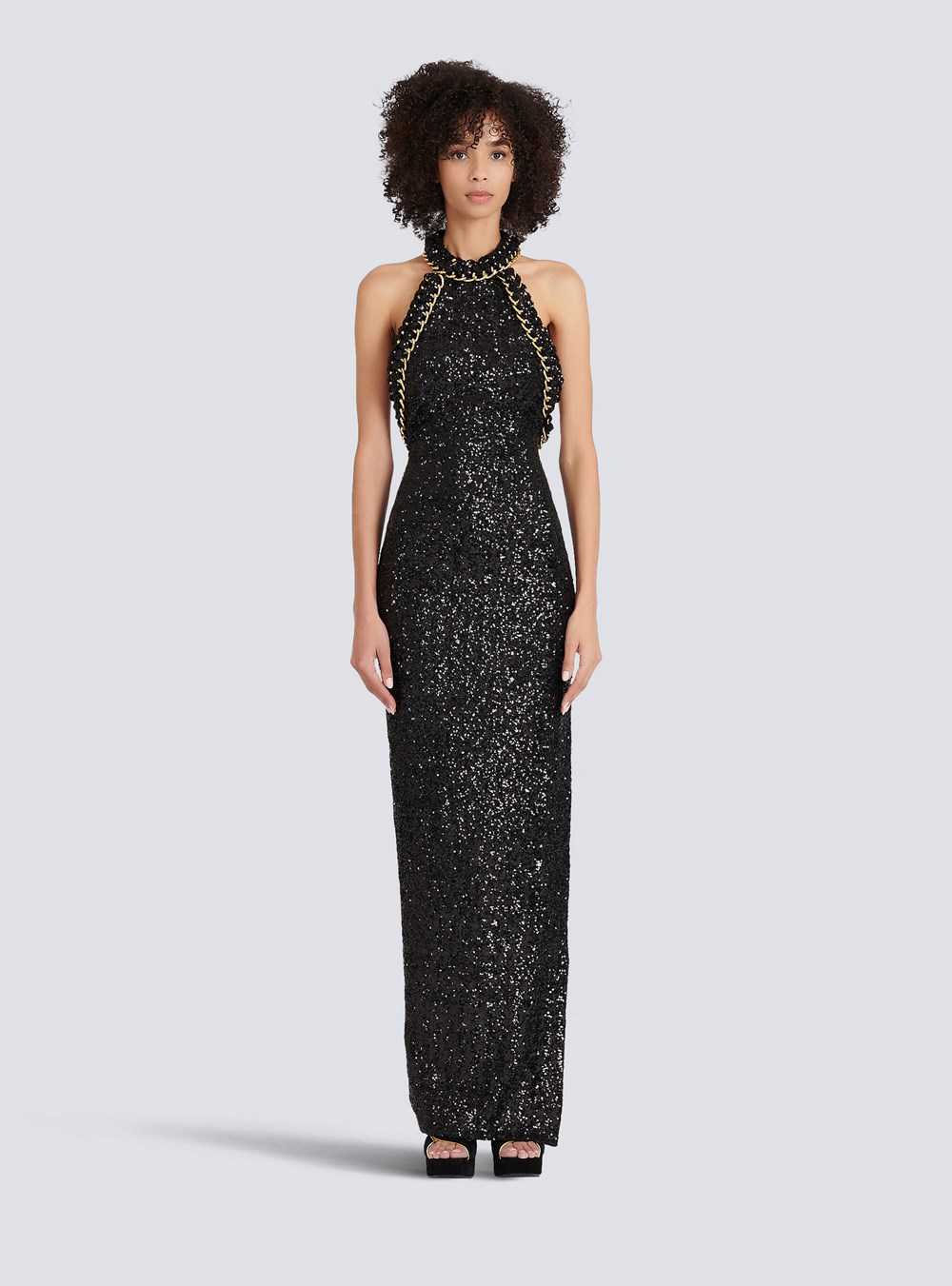 Balmain Long Sequined Embroidered Dress Black | JHYWFOL-98