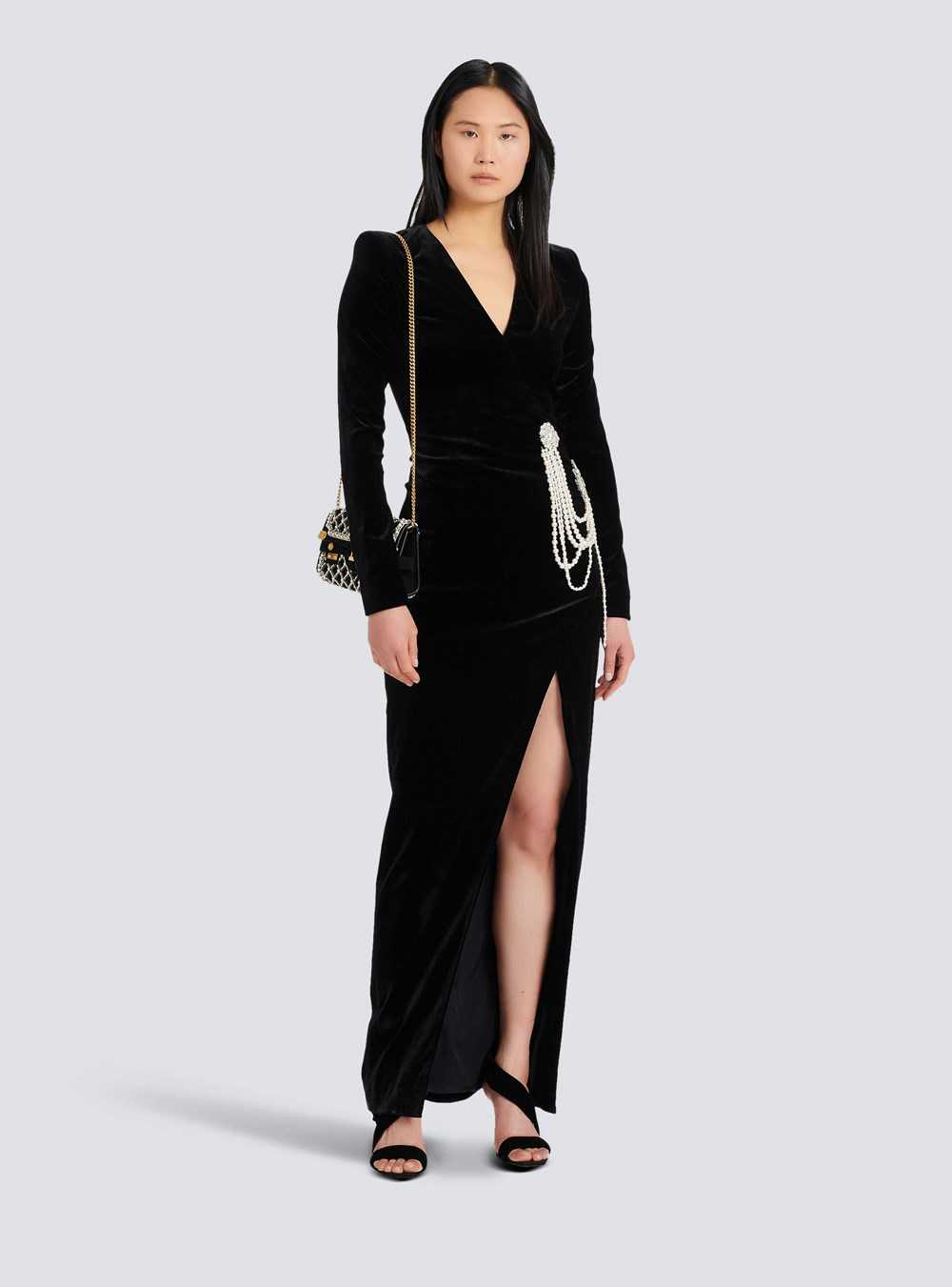 Balmain Long Velvet Dress With Embroidery Black | ELRPJUG-65