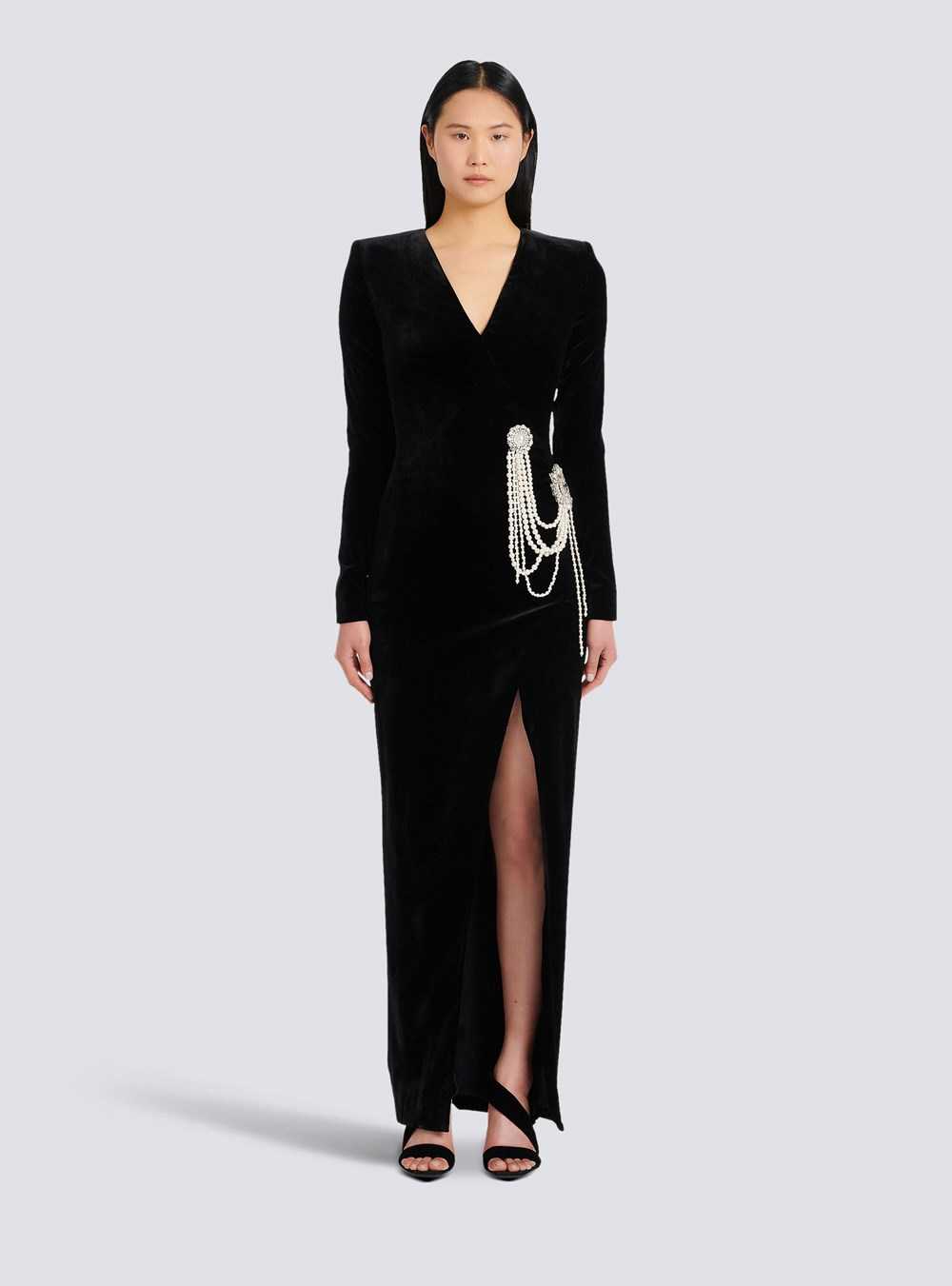 Balmain Long Velvet Dress With Embroidery Black | ELRPJUG-65