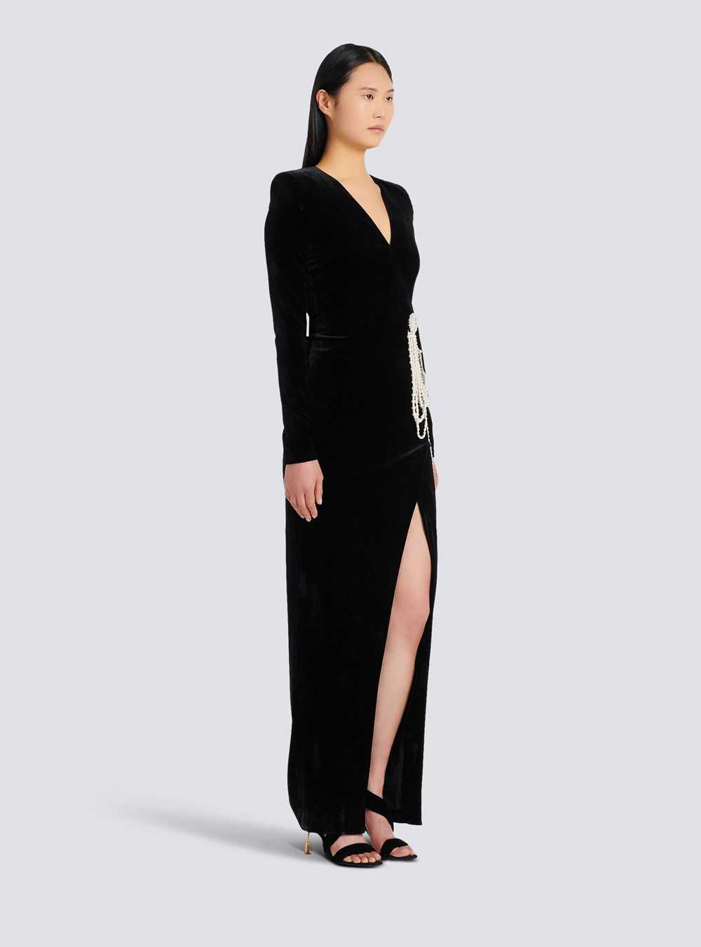 Balmain Long Velvet Dress With Embroidery Black | ELRPJUG-65