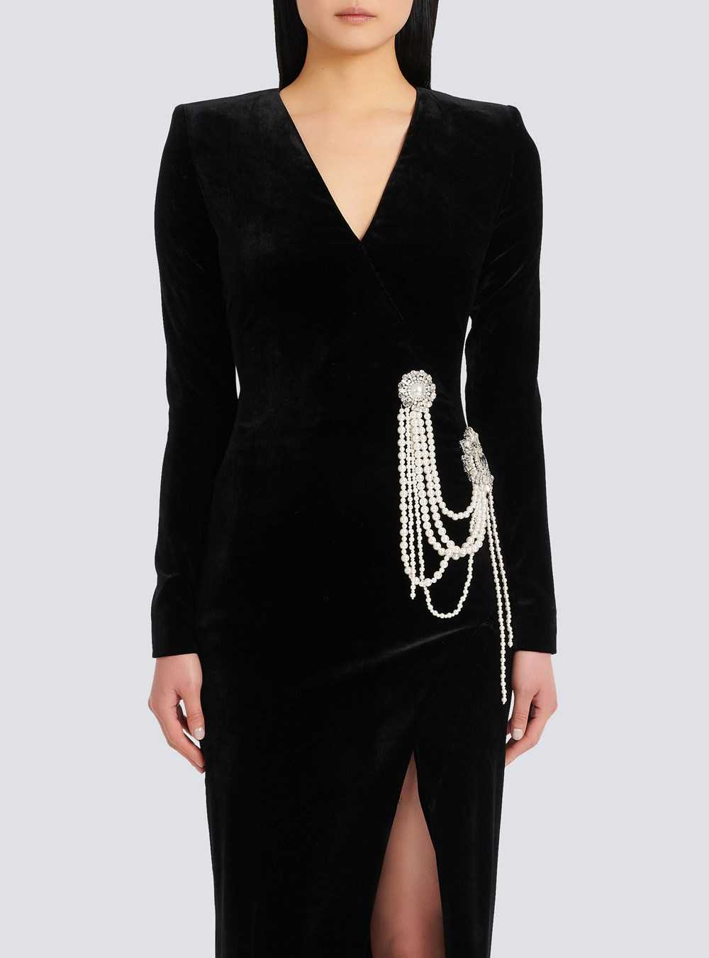 Balmain Long Velvet Dress With Embroidery Black | ELRPJUG-65