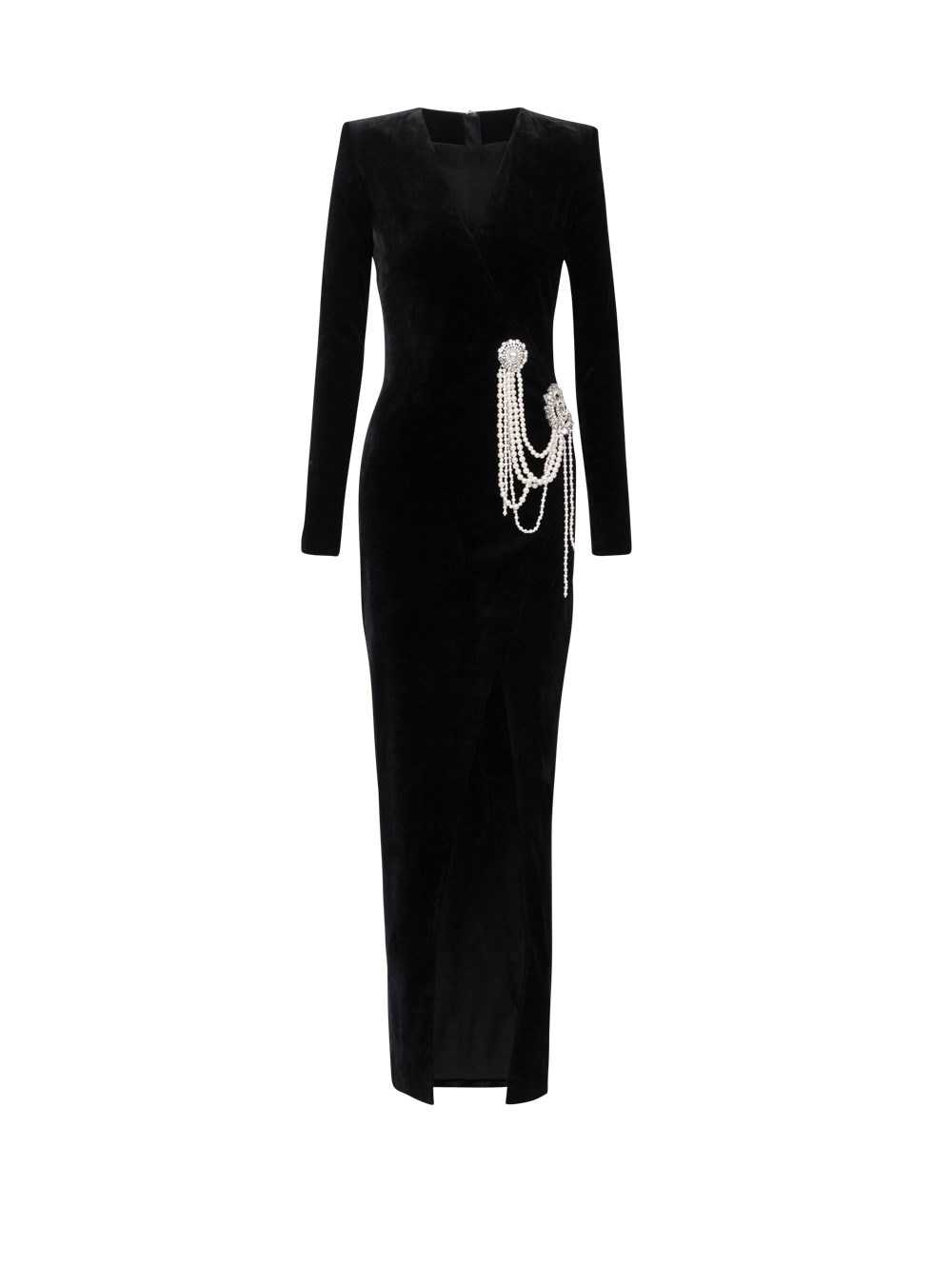 Balmain Long Velvet Dress With Embroidery Black | ELRPJUG-65