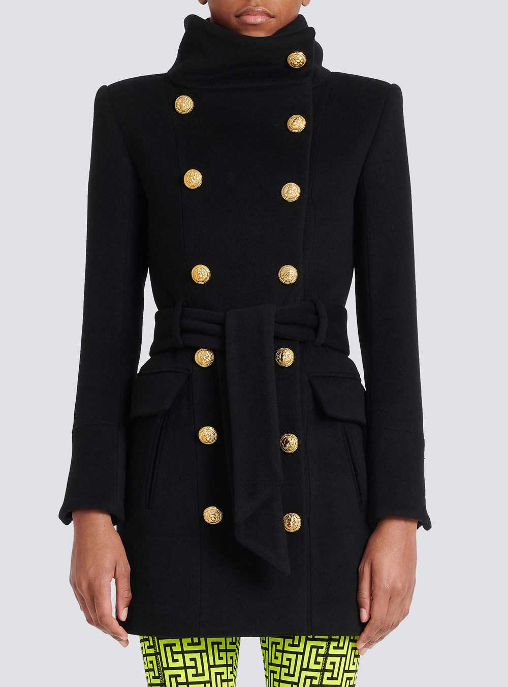 Balmain Long Wool Coat With Double-breasted Gold-tone Buttoned Fastening Black | JEMWOFK-59