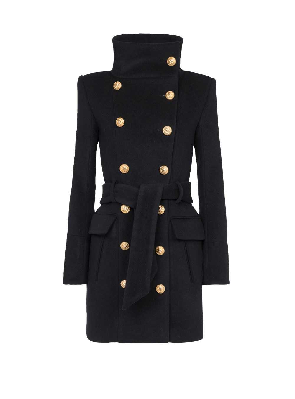 Balmain Long Wool Coat With Double-breasted Gold-tone Buttoned Fastening Black | JEMWOFK-59