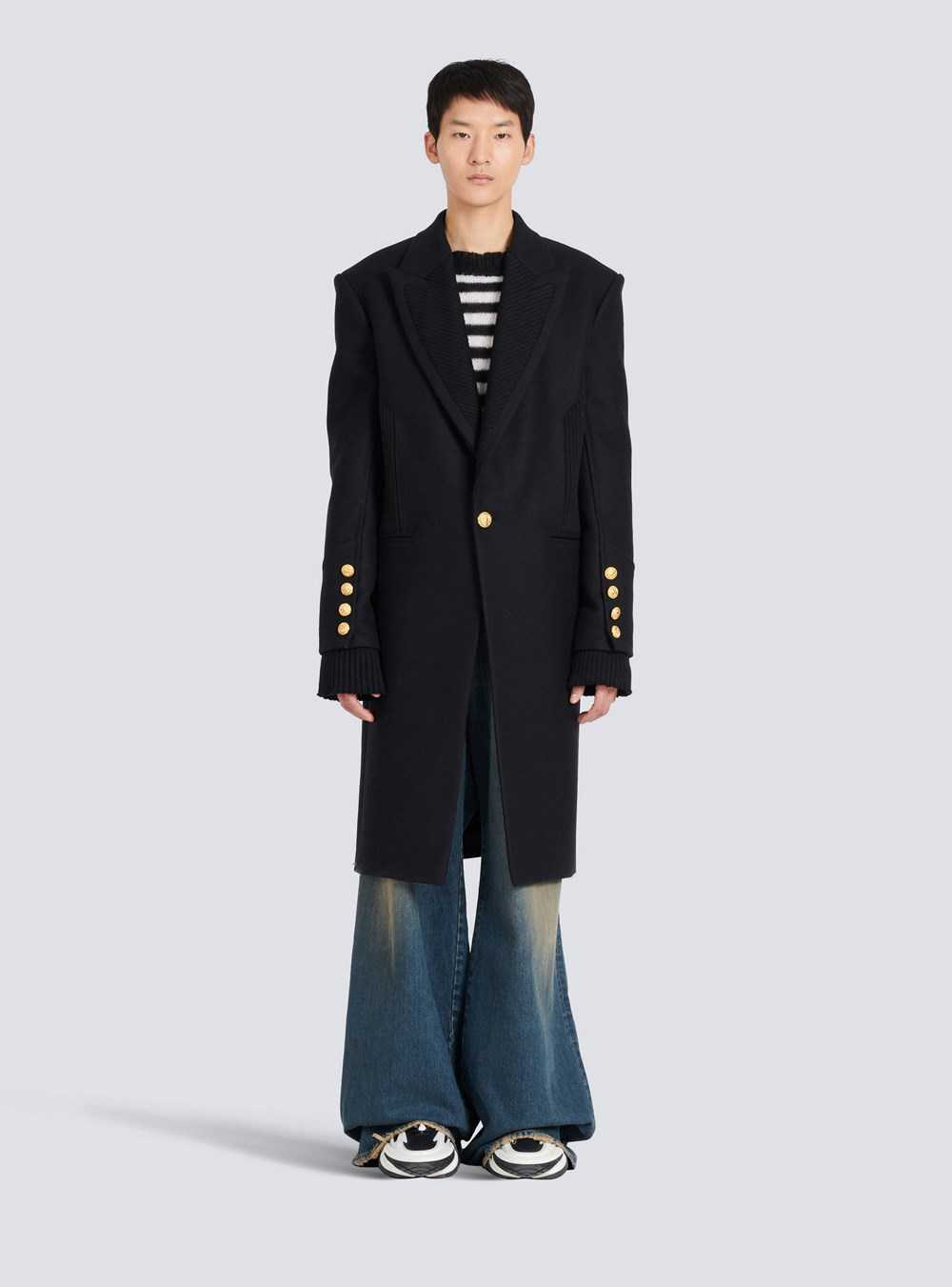 Balmain Long Wool Coat With Monogram-patterned Collar And Lining Black | ZPGEDTV-69