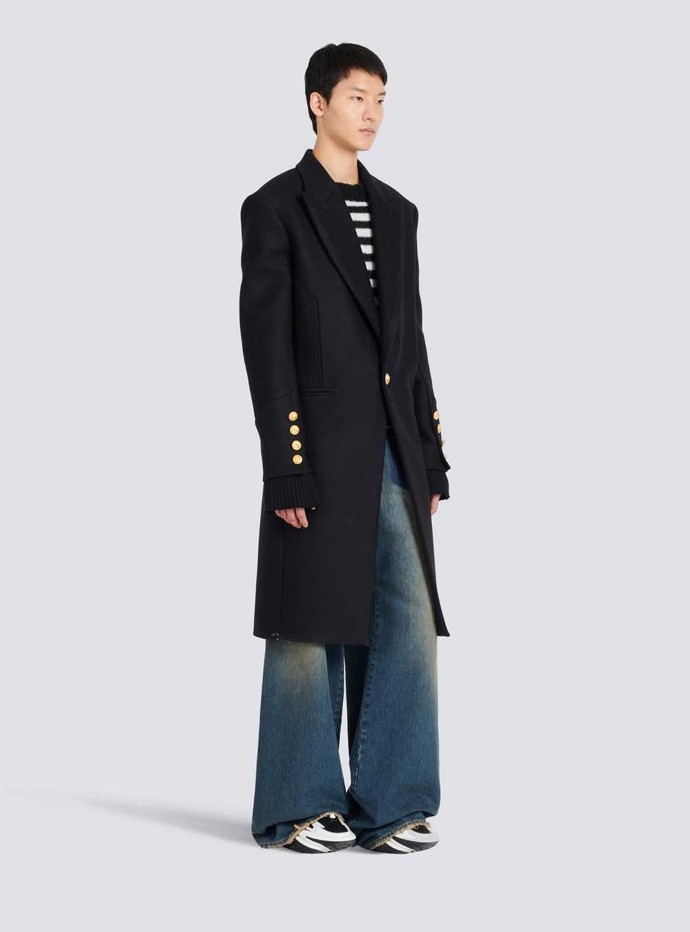 Balmain Long Wool Coat With Monogram-patterned Collar And Lining Black | ZPGEDTV-69