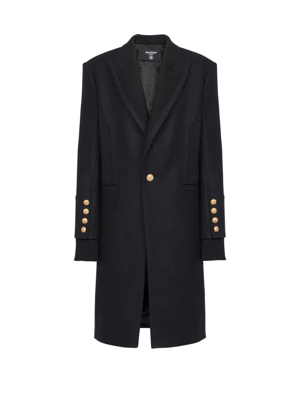 Balmain Long Wool Coat With Monogram-patterned Collar And Lining Black | ZPGEDTV-69