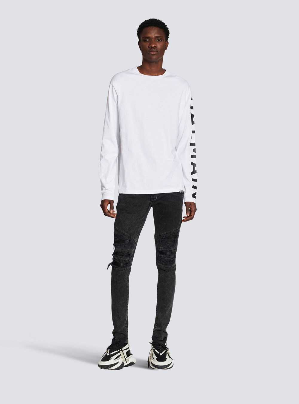 Balmain Long-sleeved Cotton T-shirt With Balmain Signature On Sleeve White | GDYLPHK-31