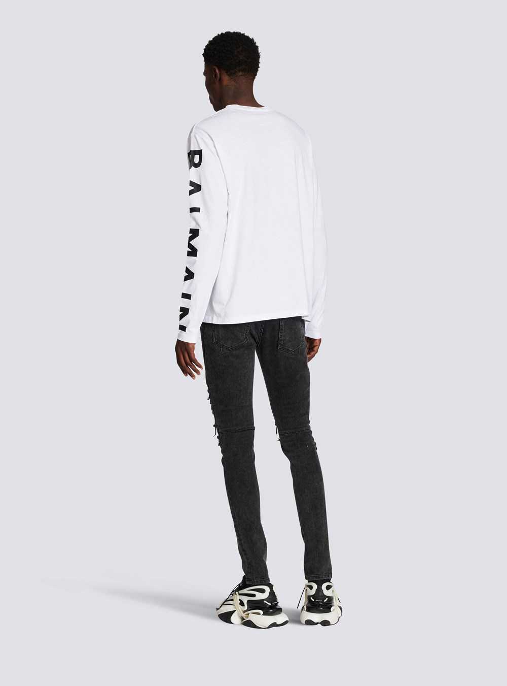 Balmain Long-sleeved Cotton T-shirt With Balmain Signature On Sleeve White | GDYLPHK-31