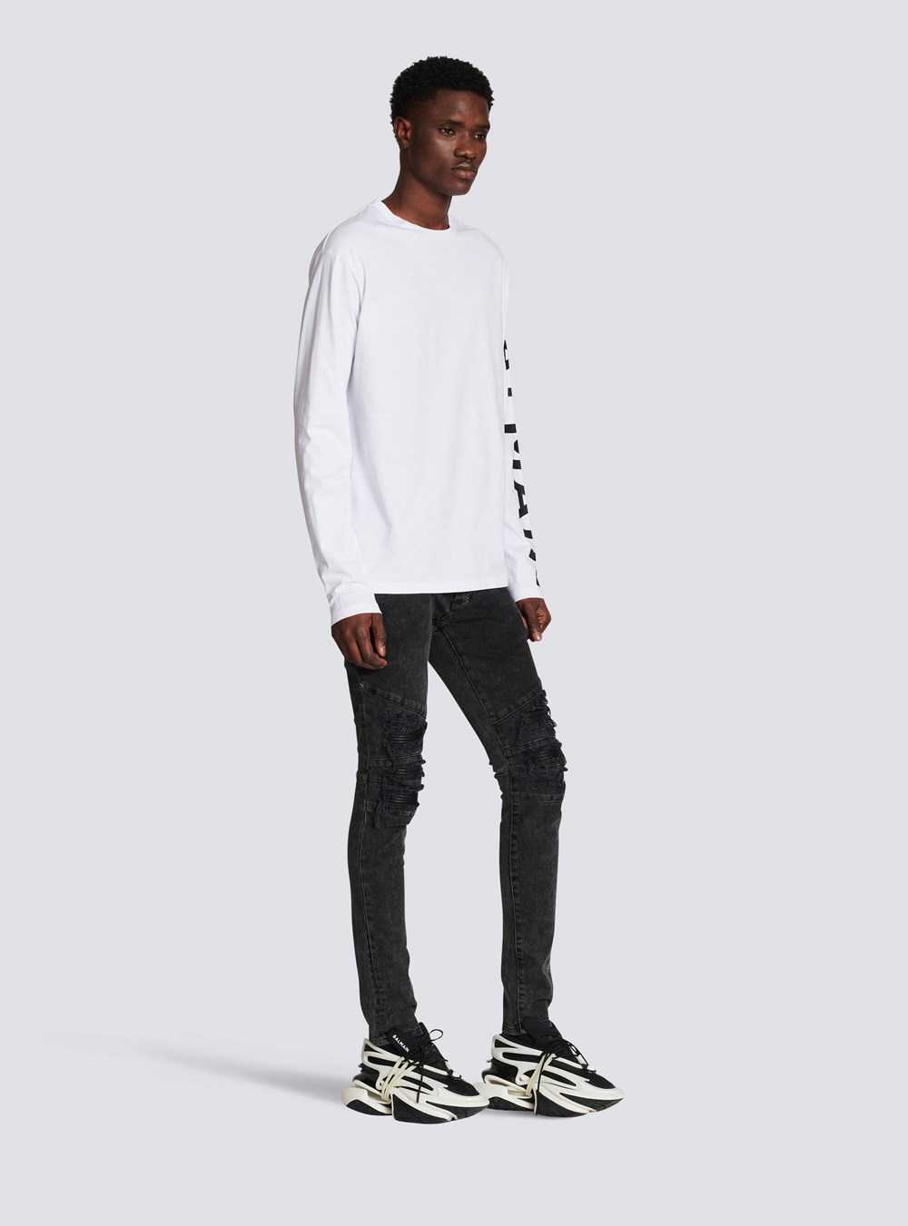 Balmain Long-sleeved Cotton T-shirt With Balmain Signature On Sleeve White | GDYLPHK-31