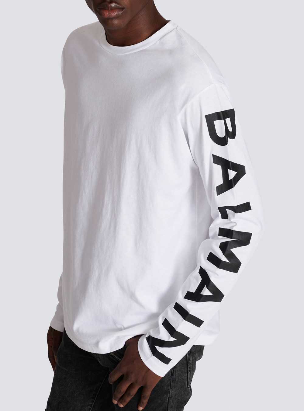 Balmain Long-sleeved Cotton T-shirt With Balmain Signature On Sleeve White | GDYLPHK-31