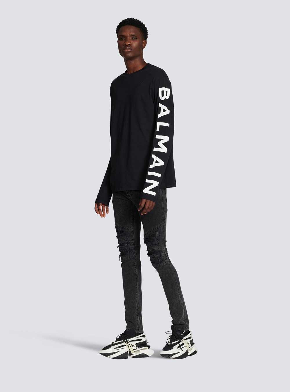 Balmain Long-sleeved Cotton T-shirt With Balmain Signature On Sleeve Black | YIFOWHM-87