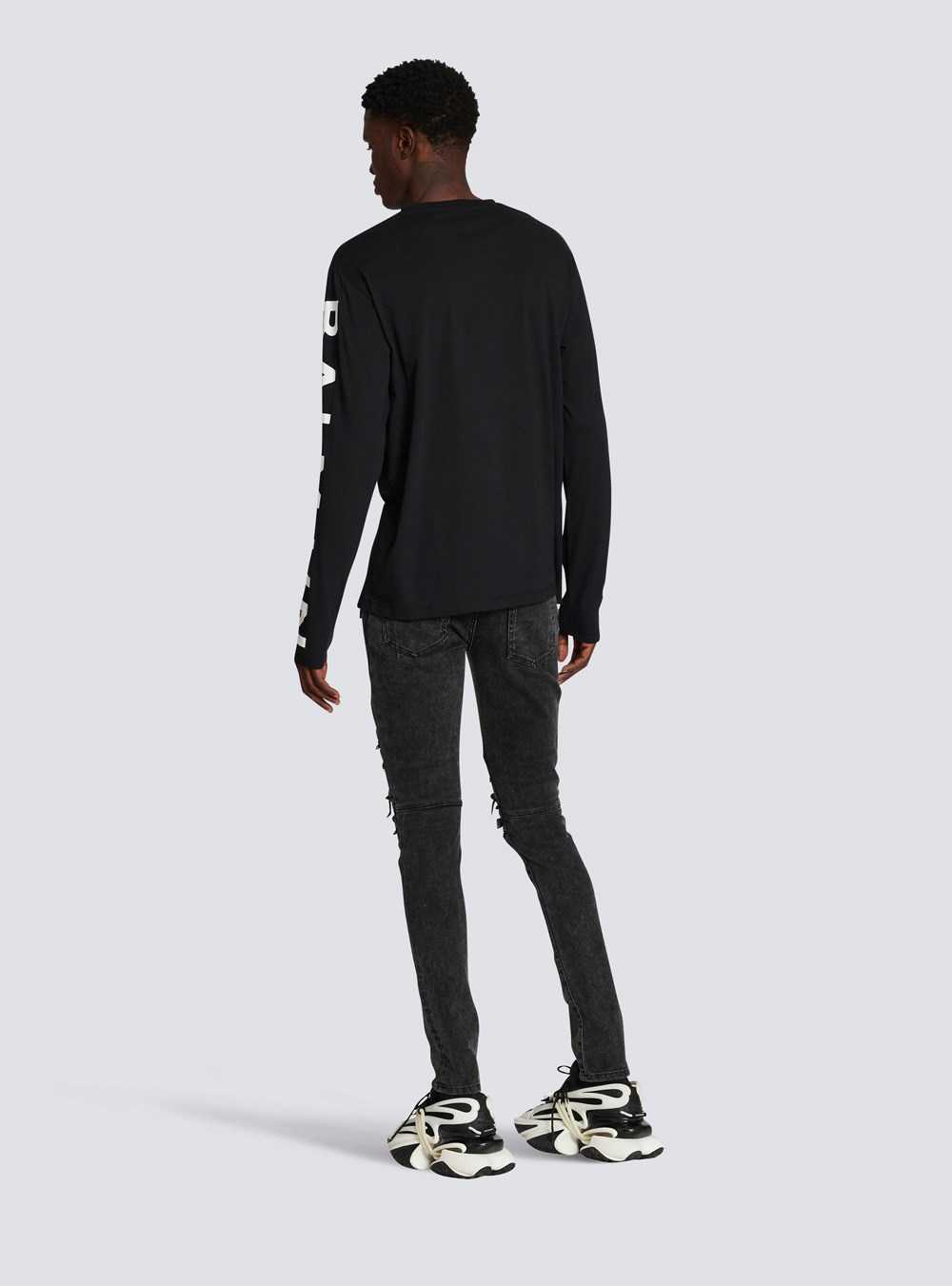 Balmain Long-sleeved Cotton T-shirt With Balmain Signature On Sleeve Black | YIFOWHM-87