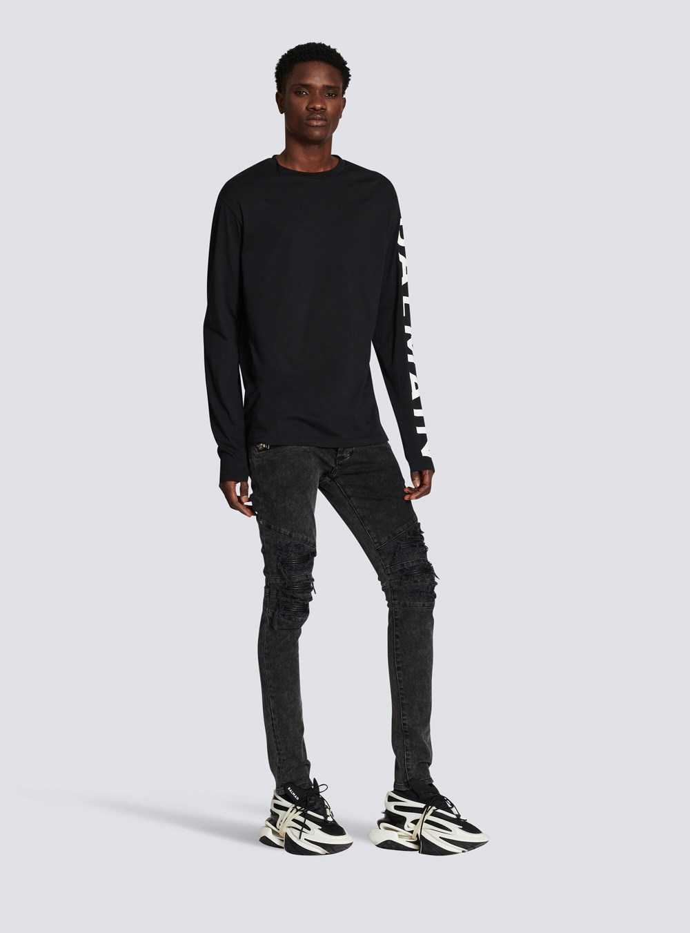 Balmain Long-sleeved Cotton T-shirt With Balmain Signature On Sleeve Black | YIFOWHM-87