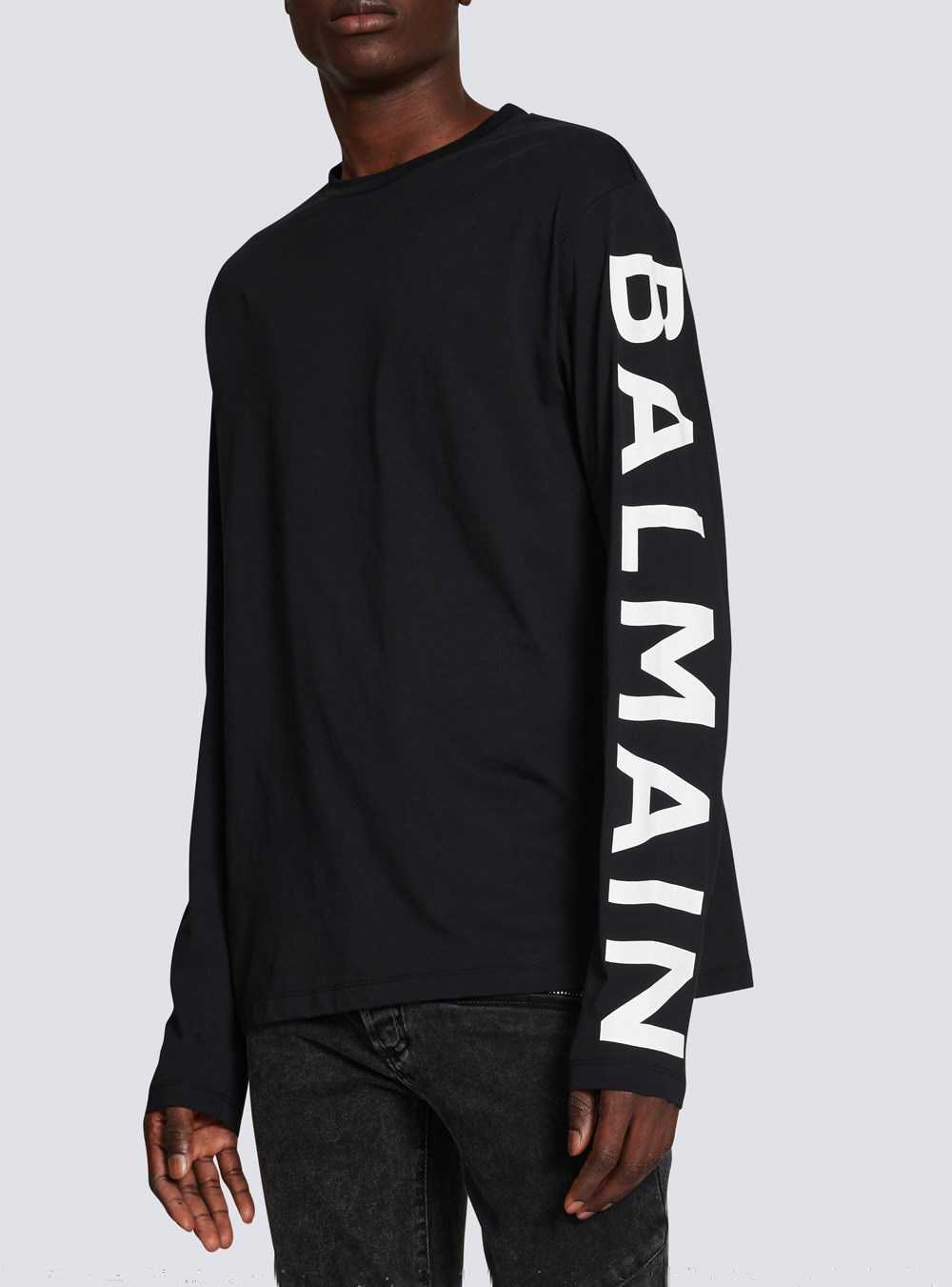 Balmain Long-sleeved Cotton T-shirt With Balmain Signature On Sleeve Black | YIFOWHM-87