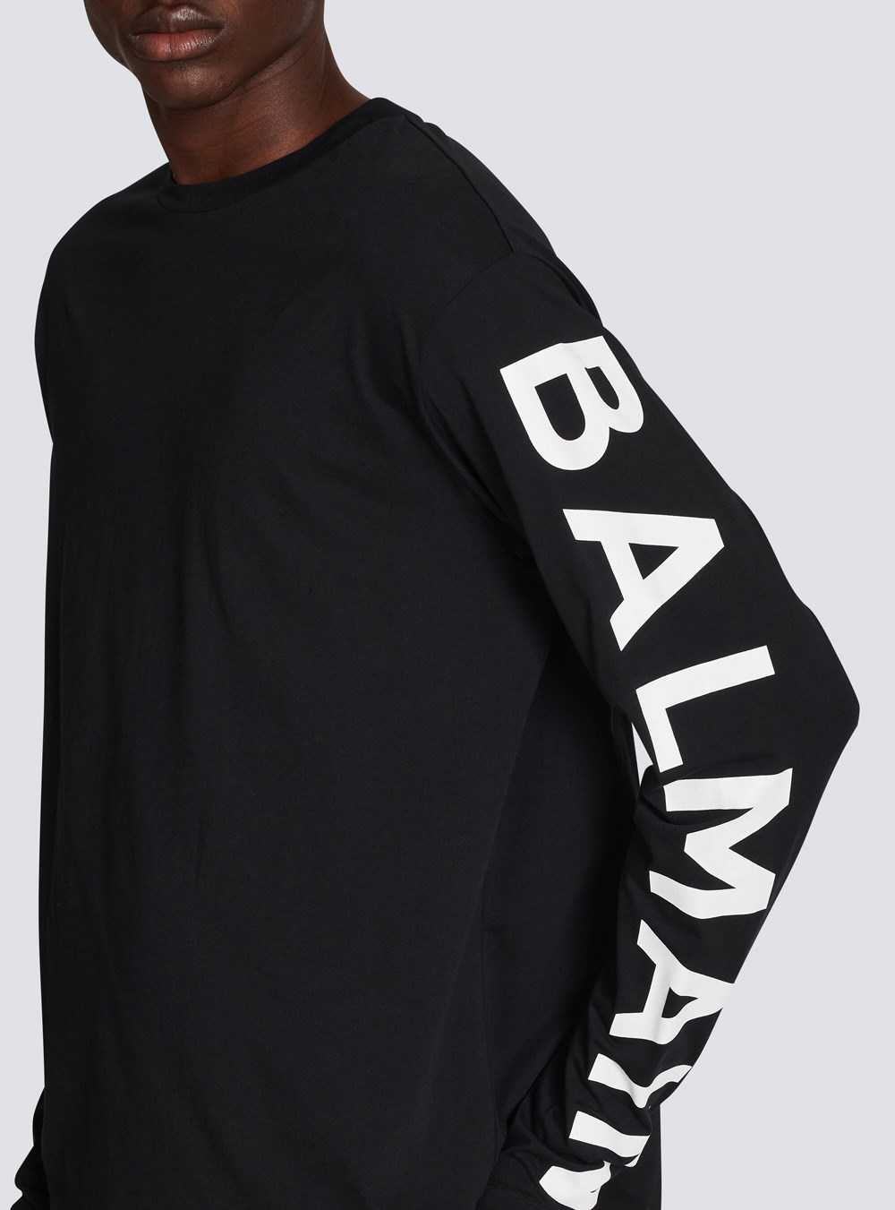 Balmain Long-sleeved Cotton T-shirt With Balmain Signature On Sleeve Black | YIFOWHM-87