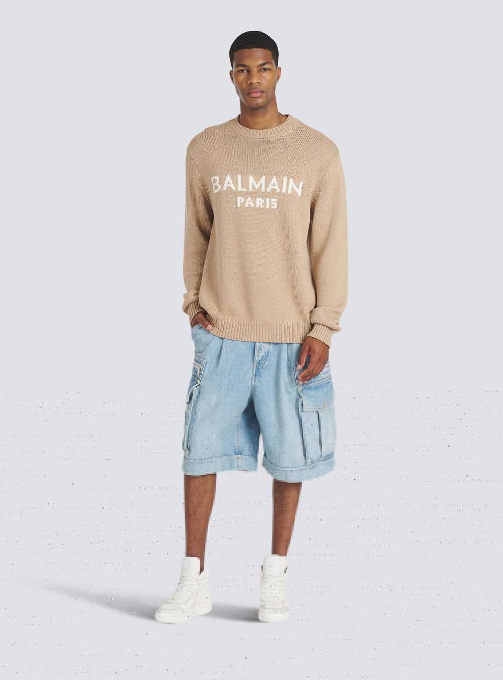 Balmain Merino Wool Sweater With White Balmain Paris Logo Beige | CWXMANJ-85