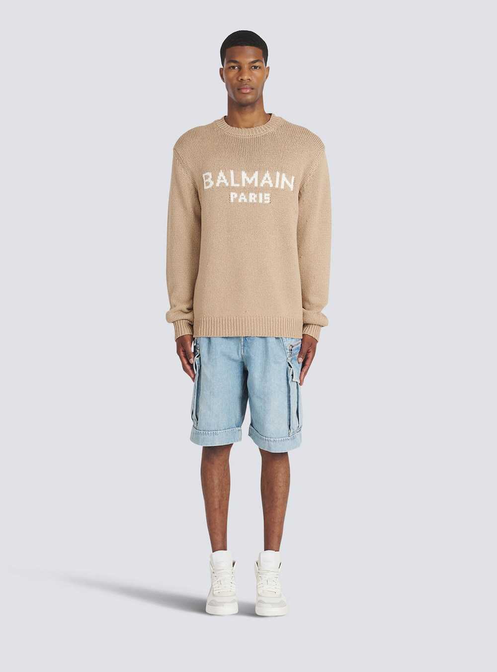 Balmain Merino Wool Sweater With White Balmain Paris Logo Beige | CWXMANJ-85