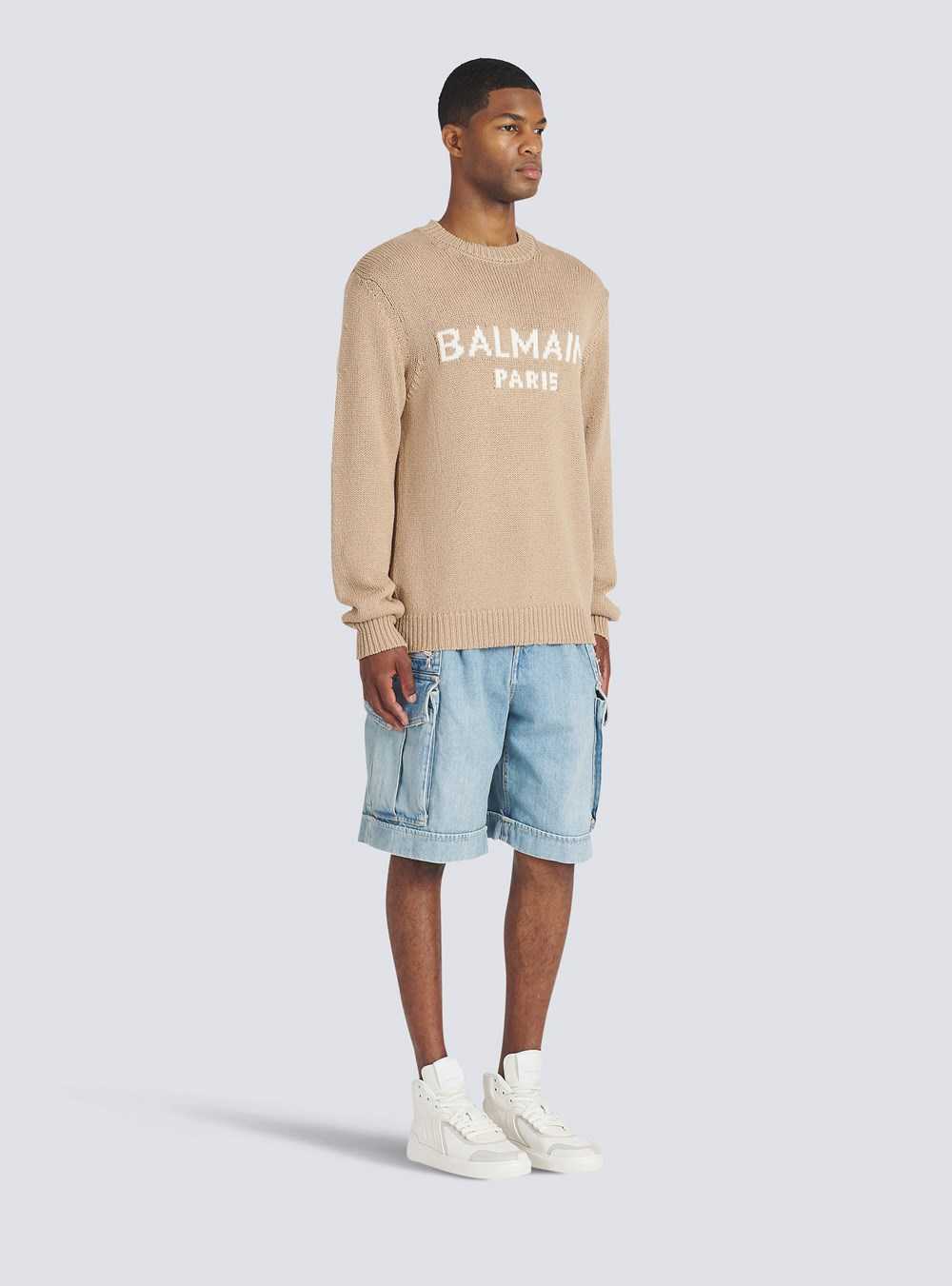 Balmain Merino Wool Sweater With White Balmain Paris Logo Beige | CWXMANJ-85