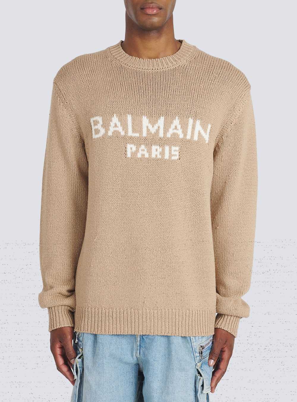 Balmain Merino Wool Sweater With White Balmain Paris Logo Beige | CWXMANJ-85