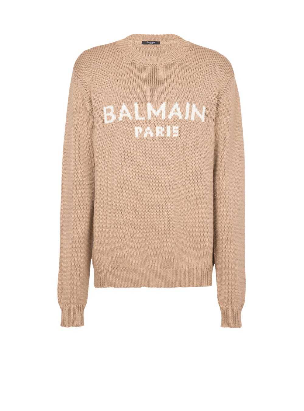 Balmain Merino Wool Sweater With White Balmain Paris Logo Beige | CWXMANJ-85