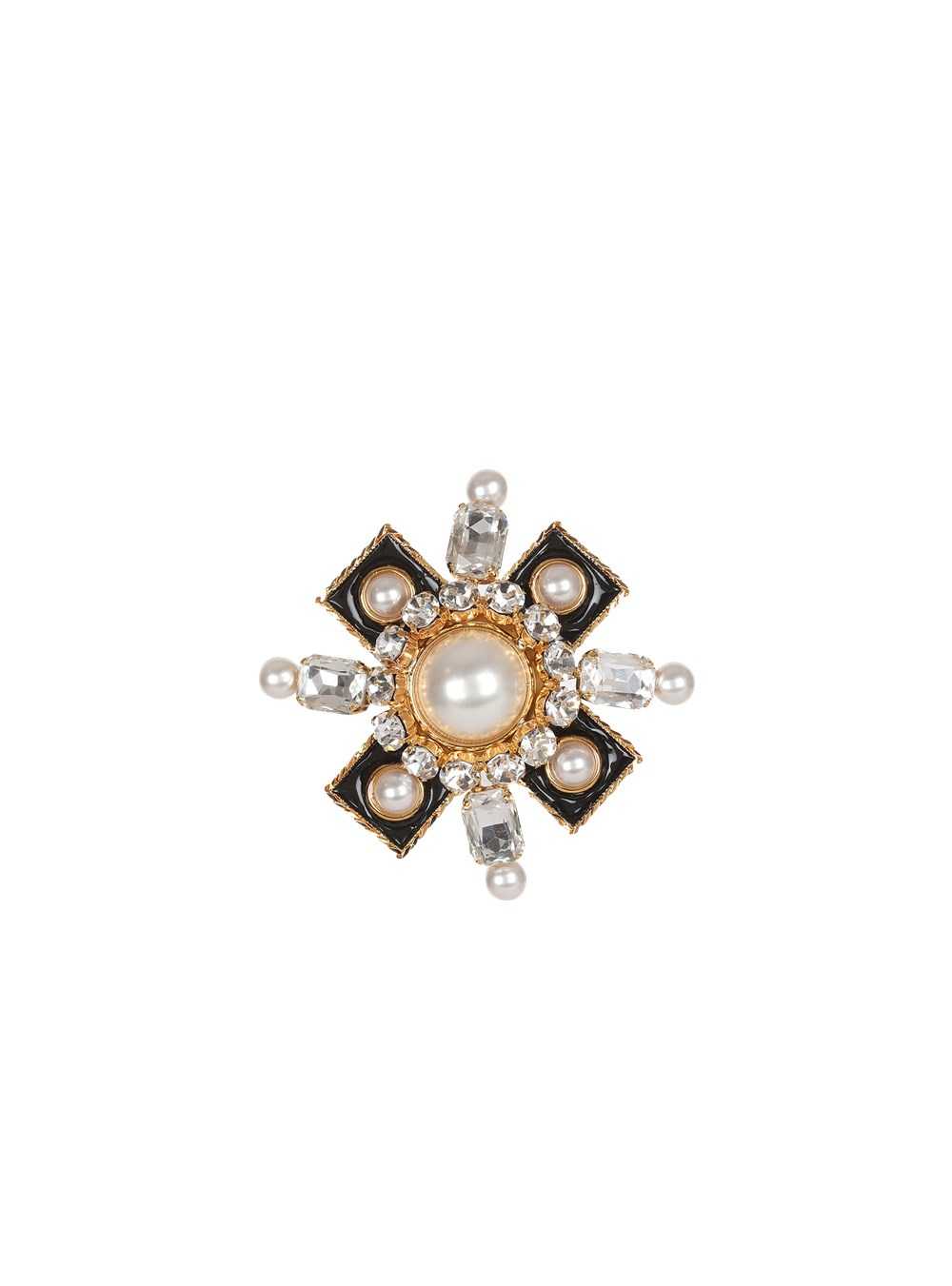 Balmain Metal Cross-shaped Brooch With Pearls And Rhinestones Black | AUCXITP-53