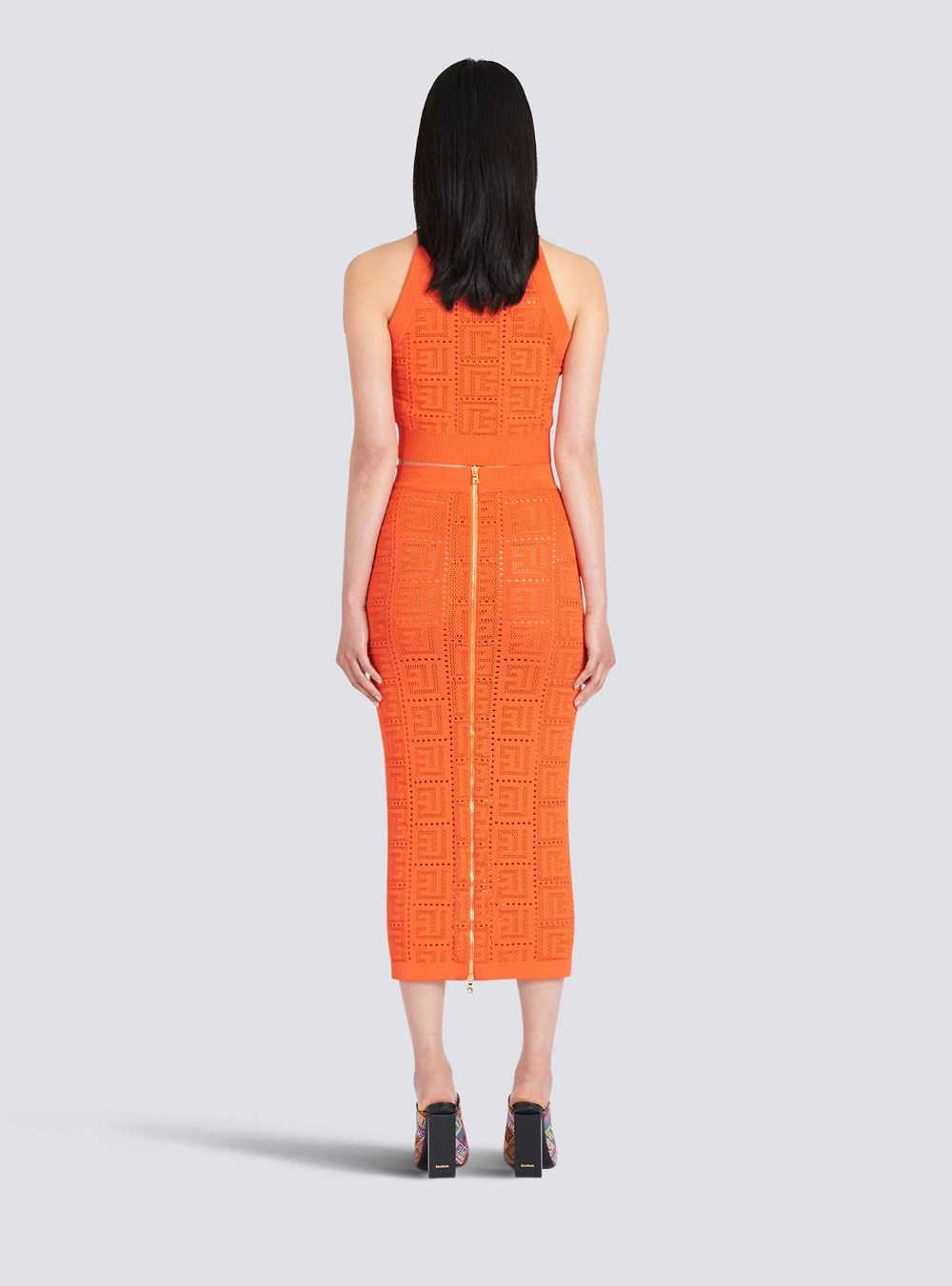 Balmain Mid-length Eco-designed Knit Skirt With Balmain Monogram Orange | GLBIWKE-03