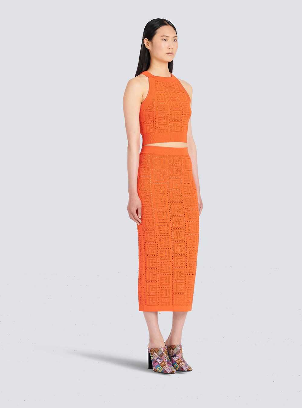 Balmain Mid-length Eco-designed Knit Skirt With Balmain Monogram Orange | GLBIWKE-03