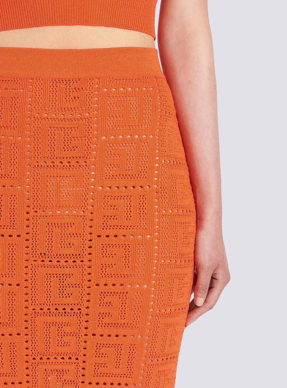 Balmain Mid-length Eco-designed Knit Skirt With Balmain Monogram Orange | GLBIWKE-03