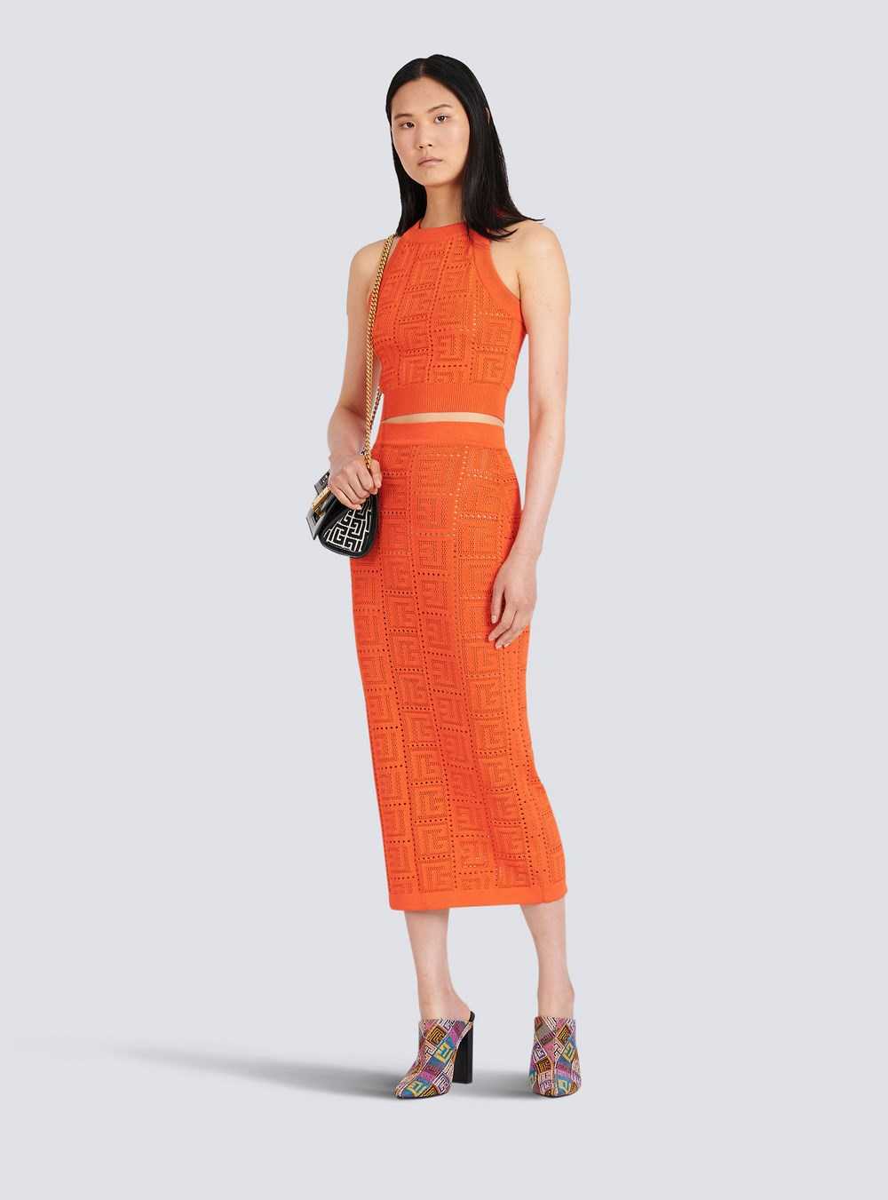 Balmain Mid-length Eco-designed Knit Skirt With Balmain Monogram Orange | GLBIWKE-03