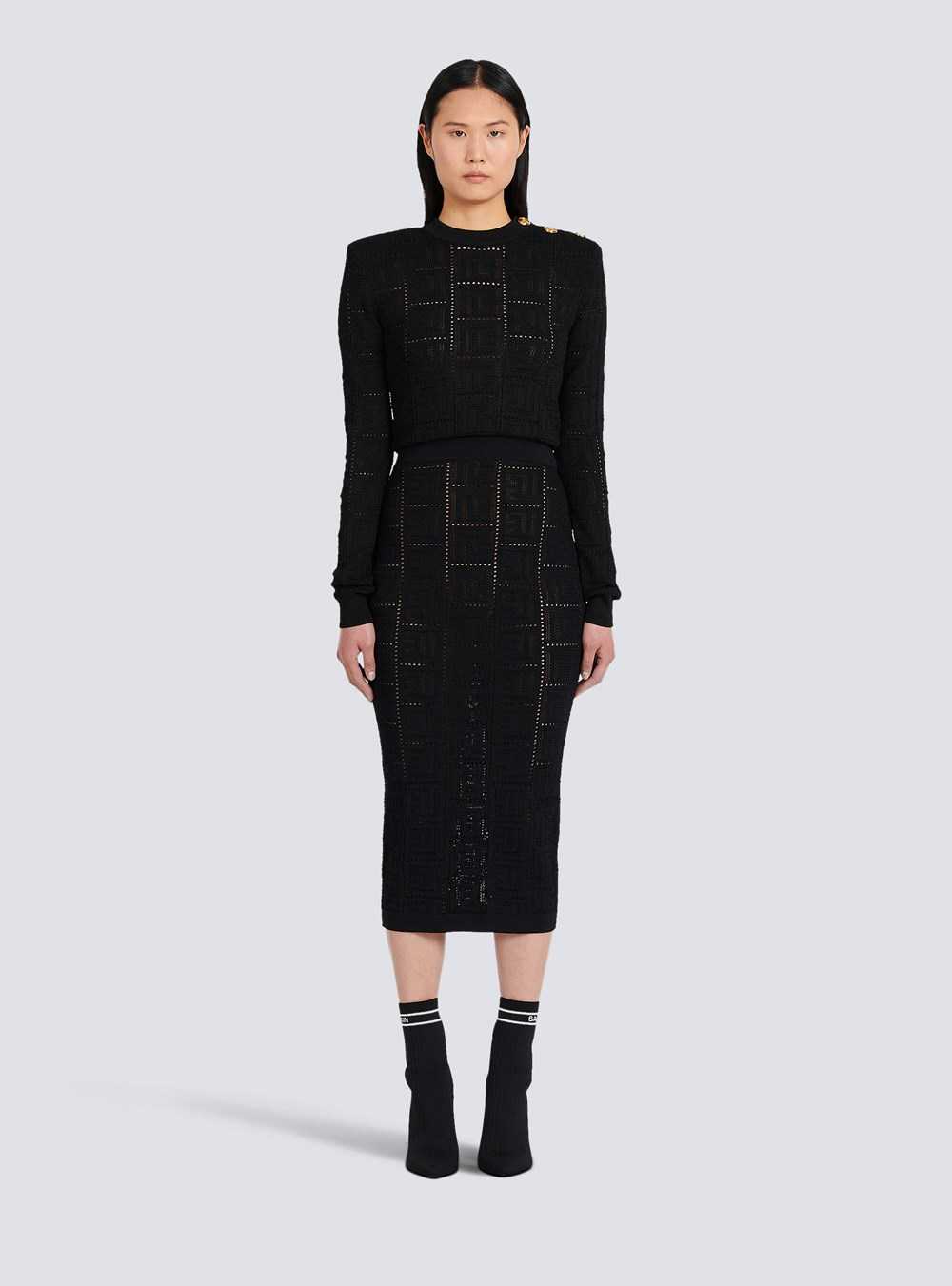 Balmain Mid-length Eco-designed Knit Skirt With Balmain Monogram Black | SJOMXUW-12