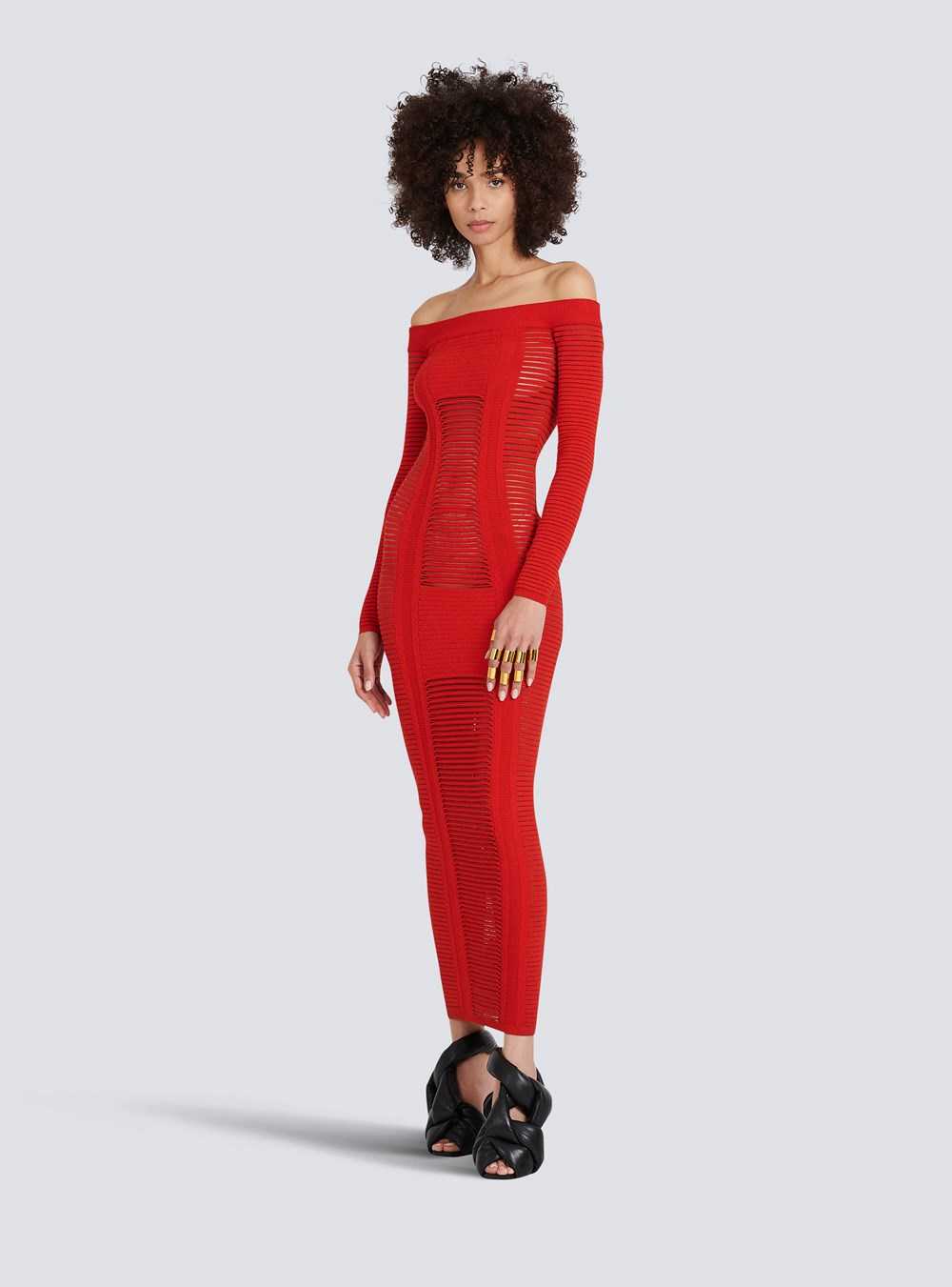 Balmain Mid-length Knit Bustier Dress Red | TRHGKAE-25