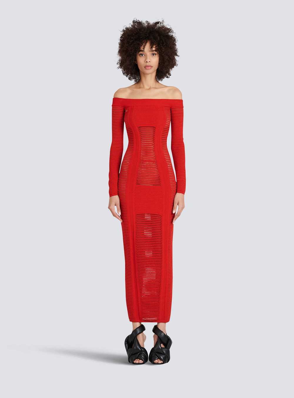 Balmain Mid-length Knit Bustier Dress Red | TRHGKAE-25