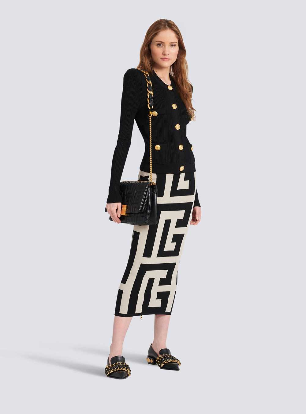 Balmain Mid-length Knit Skirt With Maxi Balmain Monogram Print Black | XFQOGNU-19