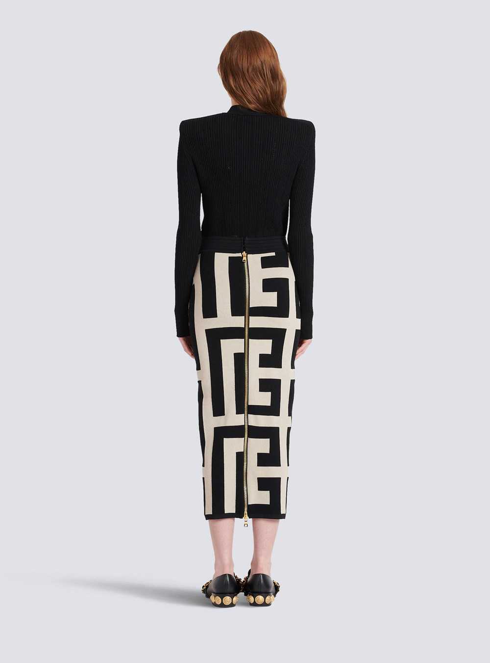 Balmain Mid-length Knit Skirt With Maxi Balmain Monogram Print Black | XFQOGNU-19