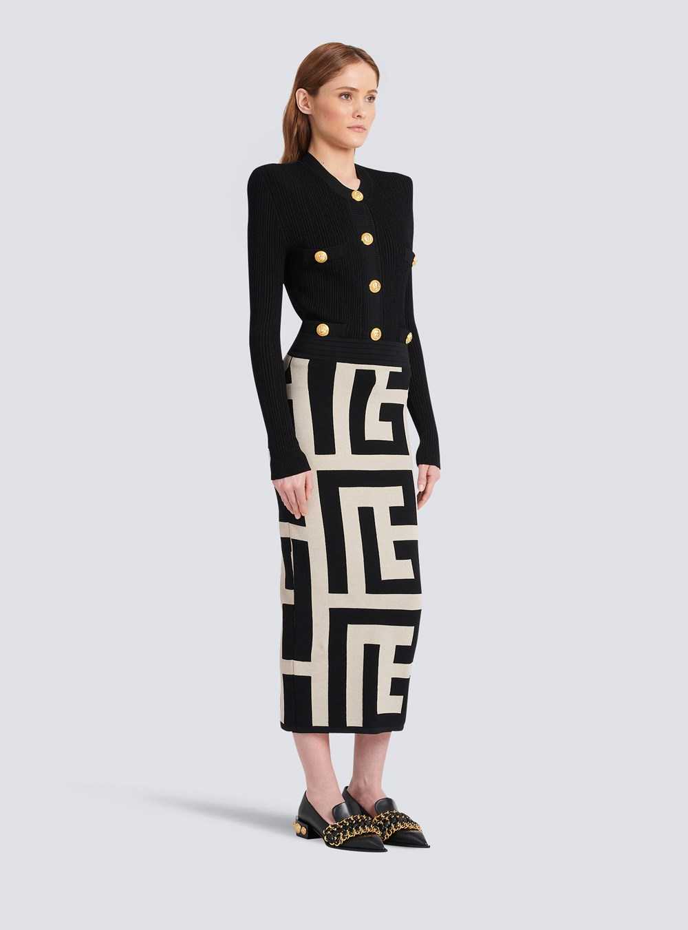 Balmain Mid-length Knit Skirt With Maxi Balmain Monogram Print Black | XFQOGNU-19