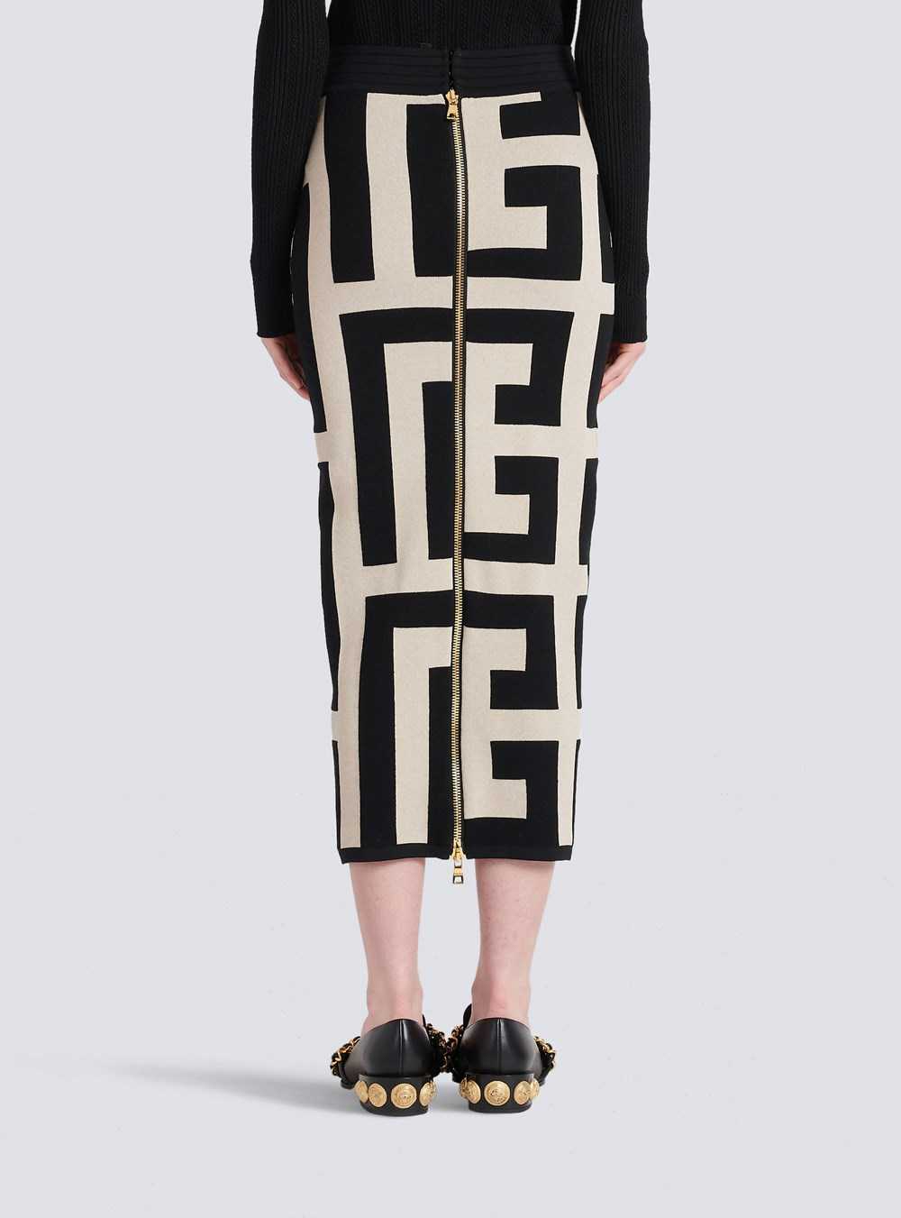 Balmain Mid-length Knit Skirt With Maxi Balmain Monogram Print Black | XFQOGNU-19