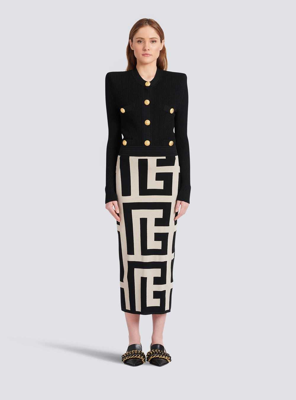 Balmain Mid-length Knit Skirt With Maxi Balmain Monogram Print Black | XFQOGNU-19