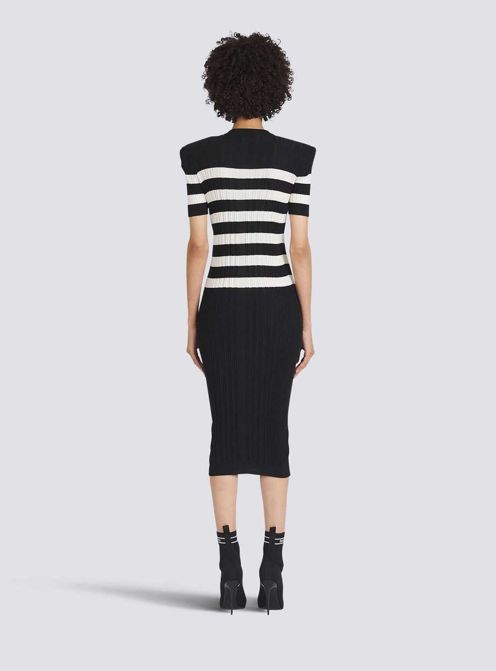 Balmain Mid-length Striped Knit Dress Black | UYTXCSI-21